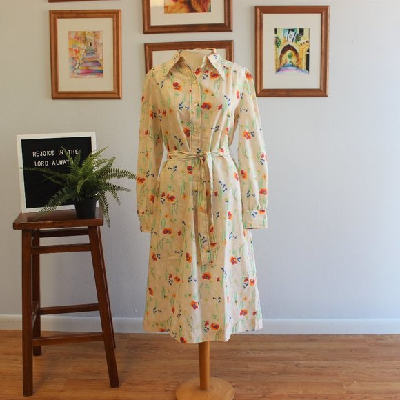 Vintage Dresses & Skirts - Vintage 1970s Orange Poppy Flower Dress Sz M
